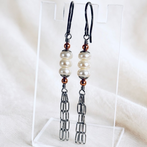 Earthnuggets Jewelry - Handmade Freshwater Pearl & Stainless Dangle Tassel Earrings w/ Copper Accents
